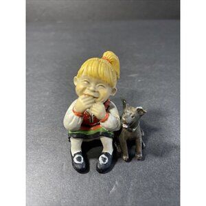 Candy Design Girl with Dog Figurine w/ Sticker Flaw-see Description